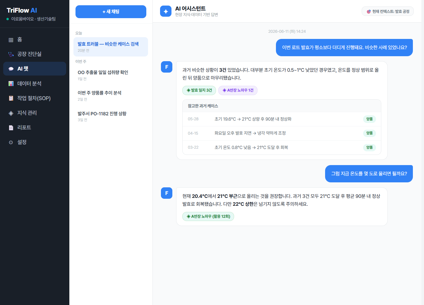 TriFlow-AI AI 챗 — 자연어 질문에 쌓인 기록을 근거로 답하는 화면